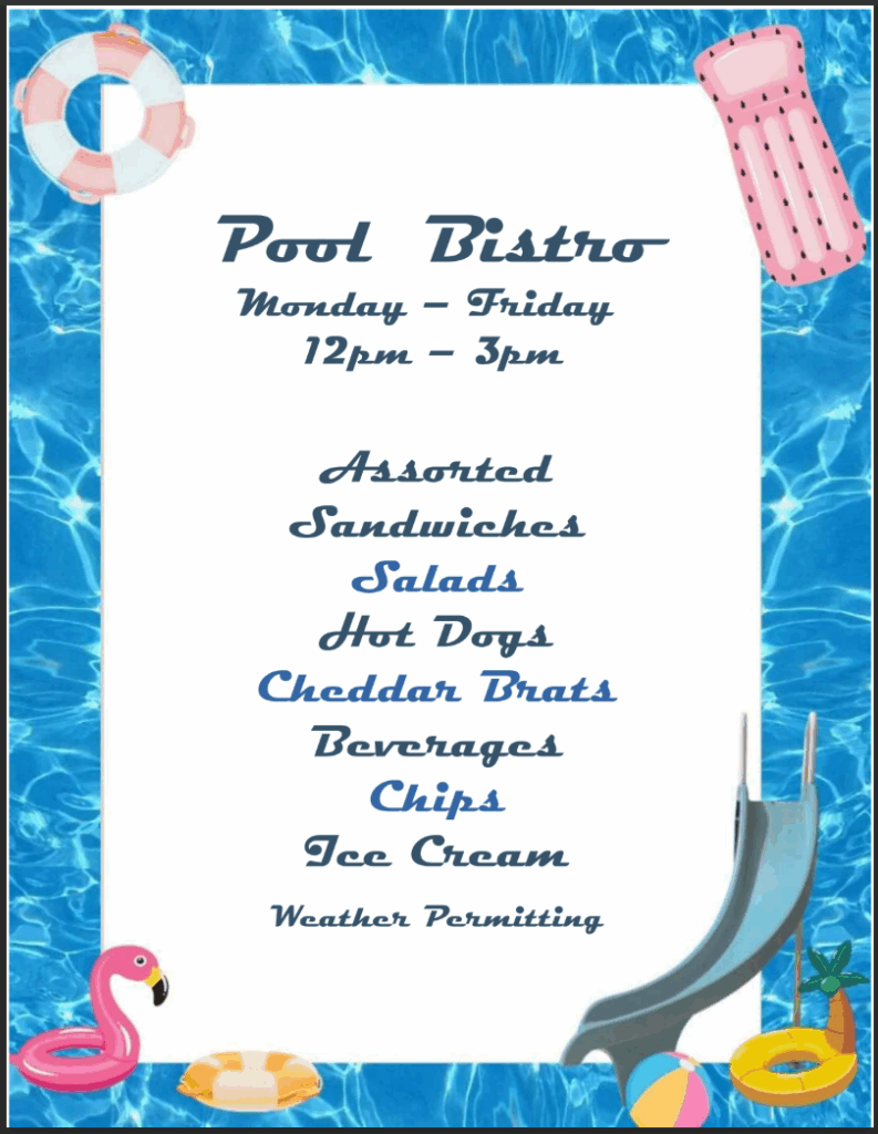 Solair's Pool Bistro Menu